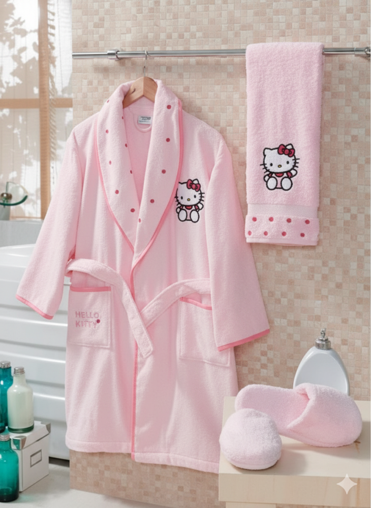 Hello Kity Pembe 10-12 Yaş Bornoz Set - Maxstyle