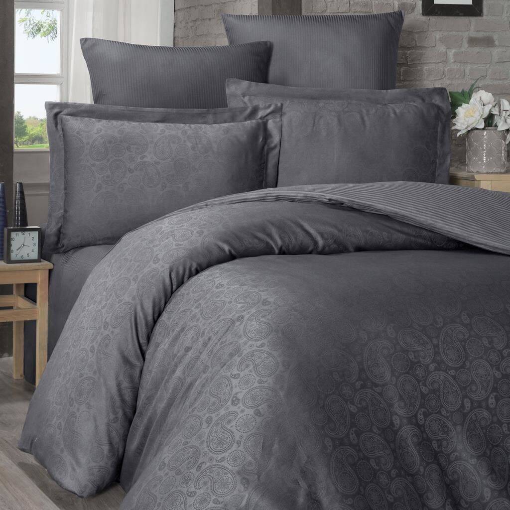 Maxstyle Jakarlı Saten Antrasit Double Nevresim Takımı 240x260 cm - Maxstyle