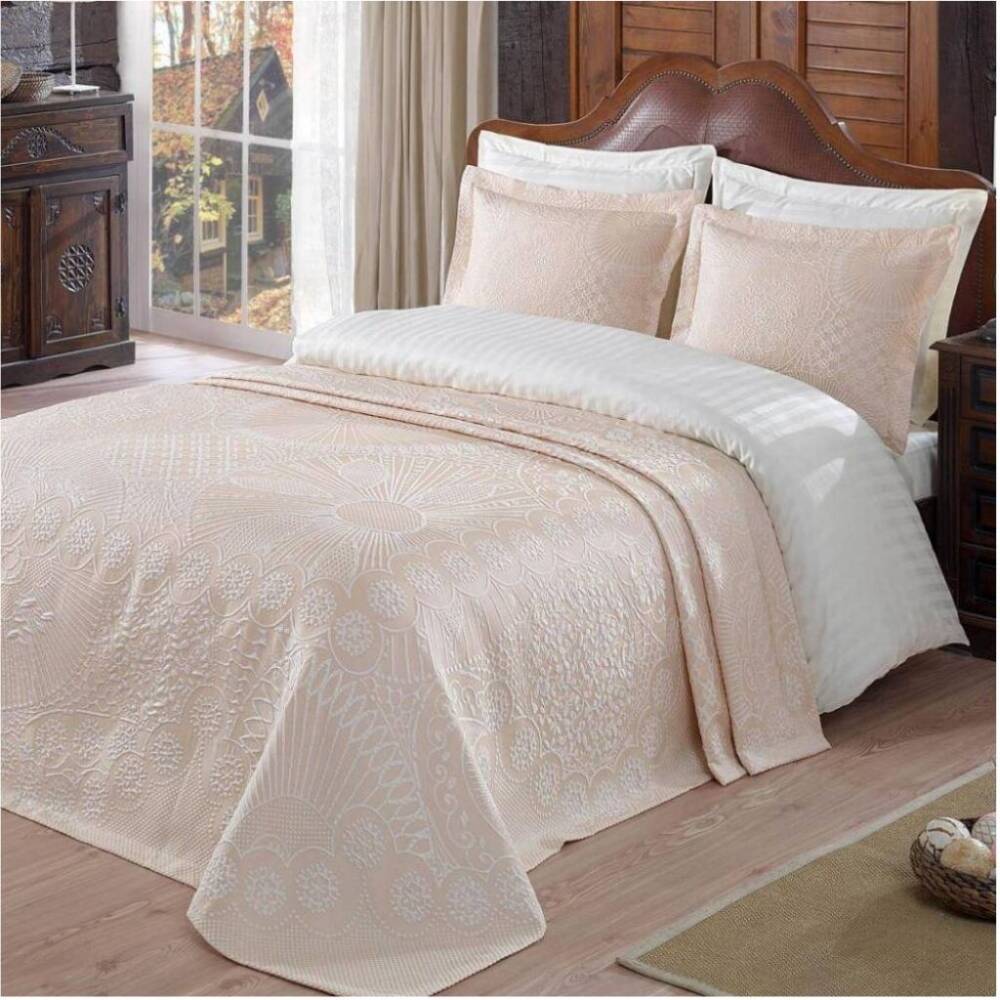Mazstyle Jakarlı Pano Yatak Örtüsü Çift Kişilik Lucıa Pudra 250x260 cm - 1